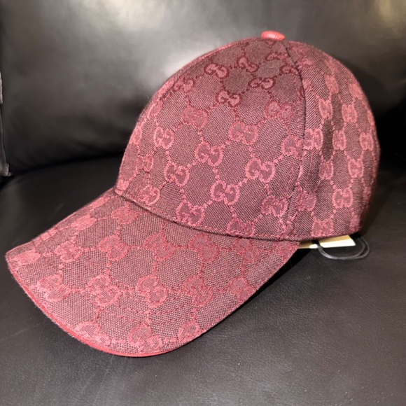 UNISEX GUCCI GG MONOGRAM CANVAS BASEBALL CAP BURGUNDY ADJUSTABLE HAT - Picture 3 of 6